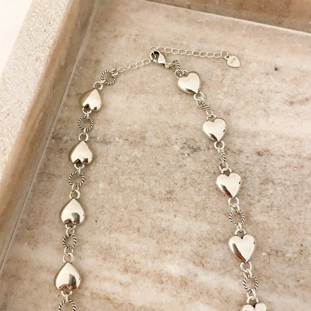 925 Sterling Silver Chunky Heart Necklace Heart Link Necklace Choker Necklace - Picture 5 of 7